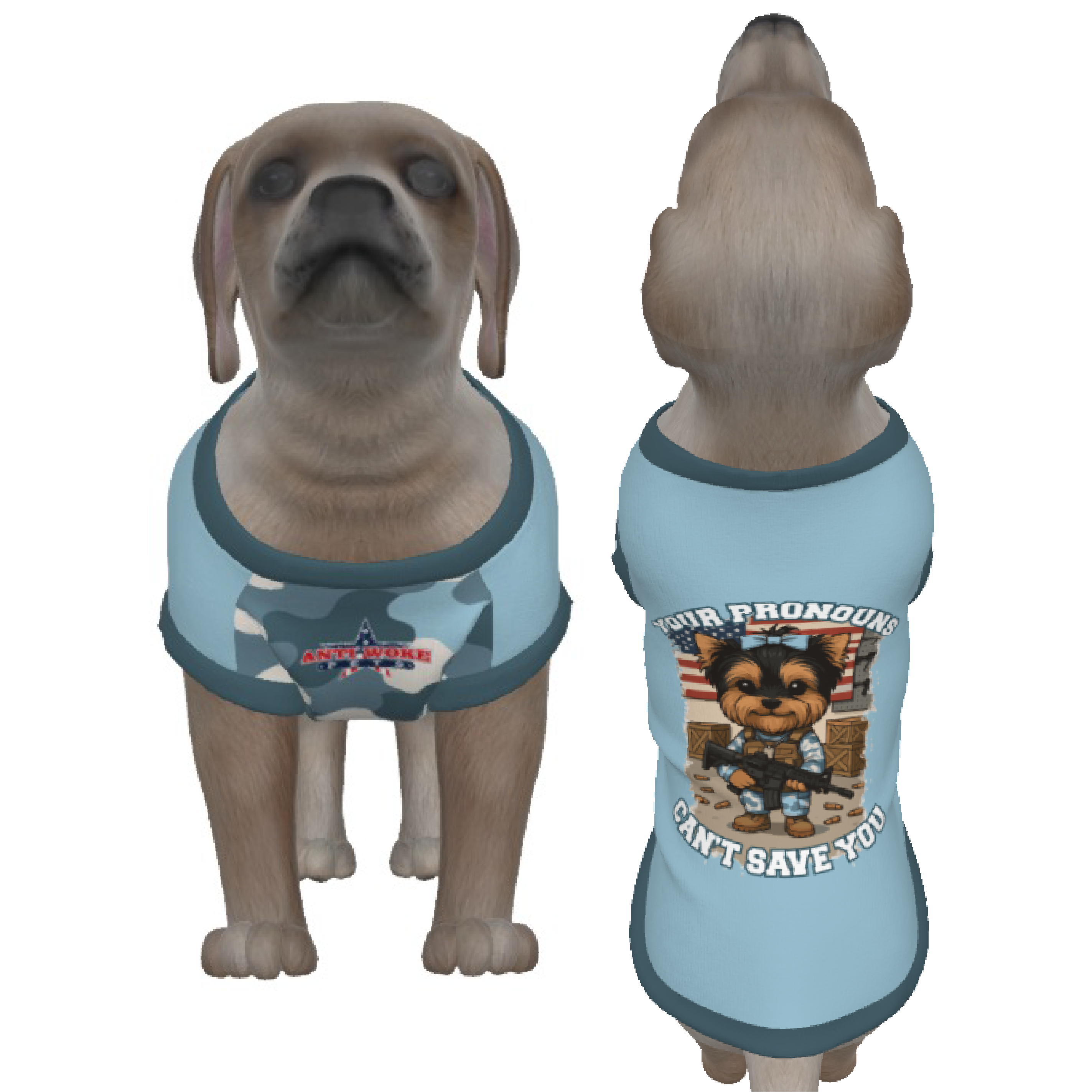 Yorkie- Light Blue & Blue Camo- Your Pronouns Can't Save You-Small Dog's Tank Top
